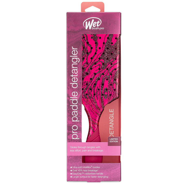 Wet Brush Pro Paddle Detangler in pink with glitter design in packaging for easy hair detangling