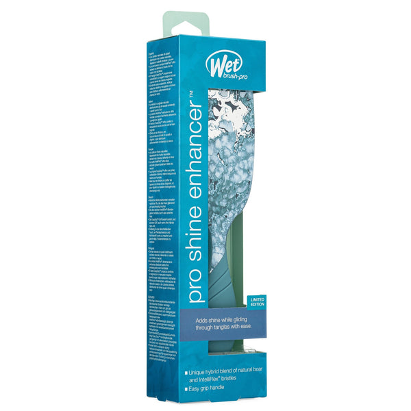 Wet Brush Pro Shine Enhancer hybrid hairbrush in blue packaging with unique bristles and easy grip handle