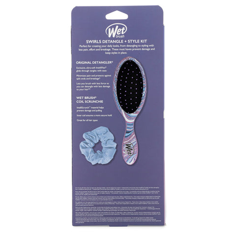 Wet Brush Swirl Style detangler kit with patterned detangling brush and blue coil scrunchie