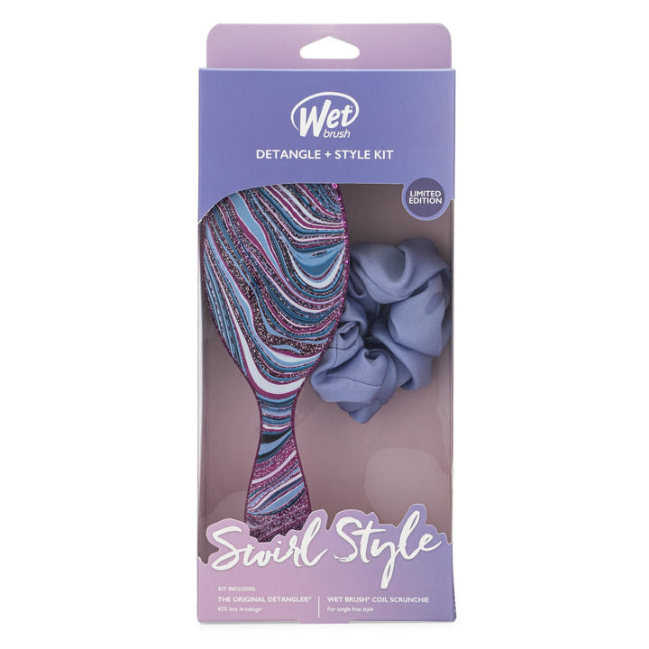 Wet Brush Swirl Style detangler kit with a colorful swirl patterned brush and matching blue scrunchie