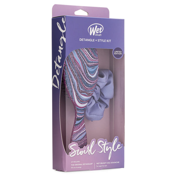 Wet Brush Swirl Style detangler kit with colorful swirl pattern hairbrush and purple coil scrunchie in box