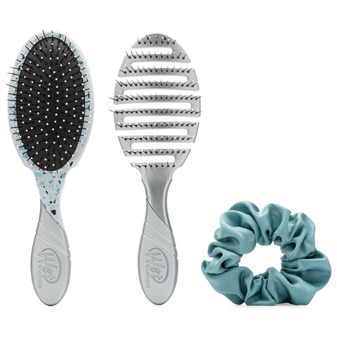 Wet Brush Terrazzo Glam Kit featuring a detangling hairbrush and a teal scrunchie for stylish hair care