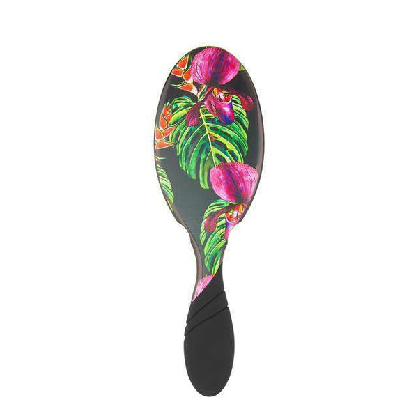 Wet Brush with vibrant tropical design hair brush featuring green leaves and pink flowers