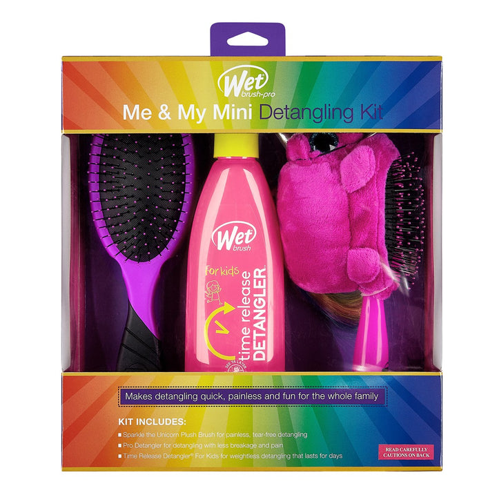 Wet Brush unicorn detangler brush kit with purple brush, detangling spray, and pink plush hair accessory