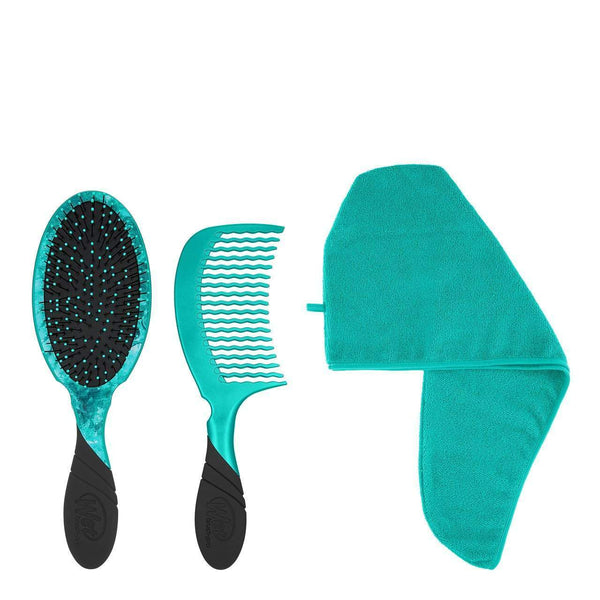 Wet Brush teal hairbrush and wide-tooth comb set with matching microfiber hair drying towel