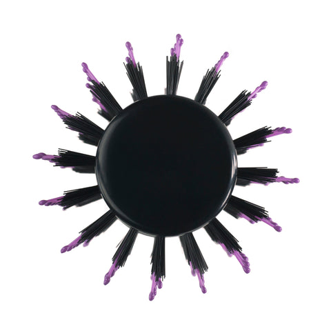 Wet Brush round volumizing blowout brush with black base and purple-tipped bristles shown from top view